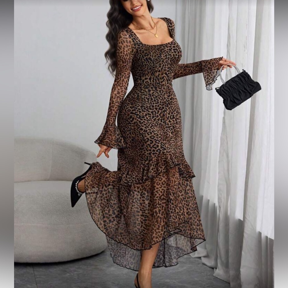 Elegant Leopard Print Layered Ruffle Long Sleeve Dress